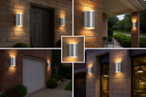 Collage of outdoor wall lights on various building facades.